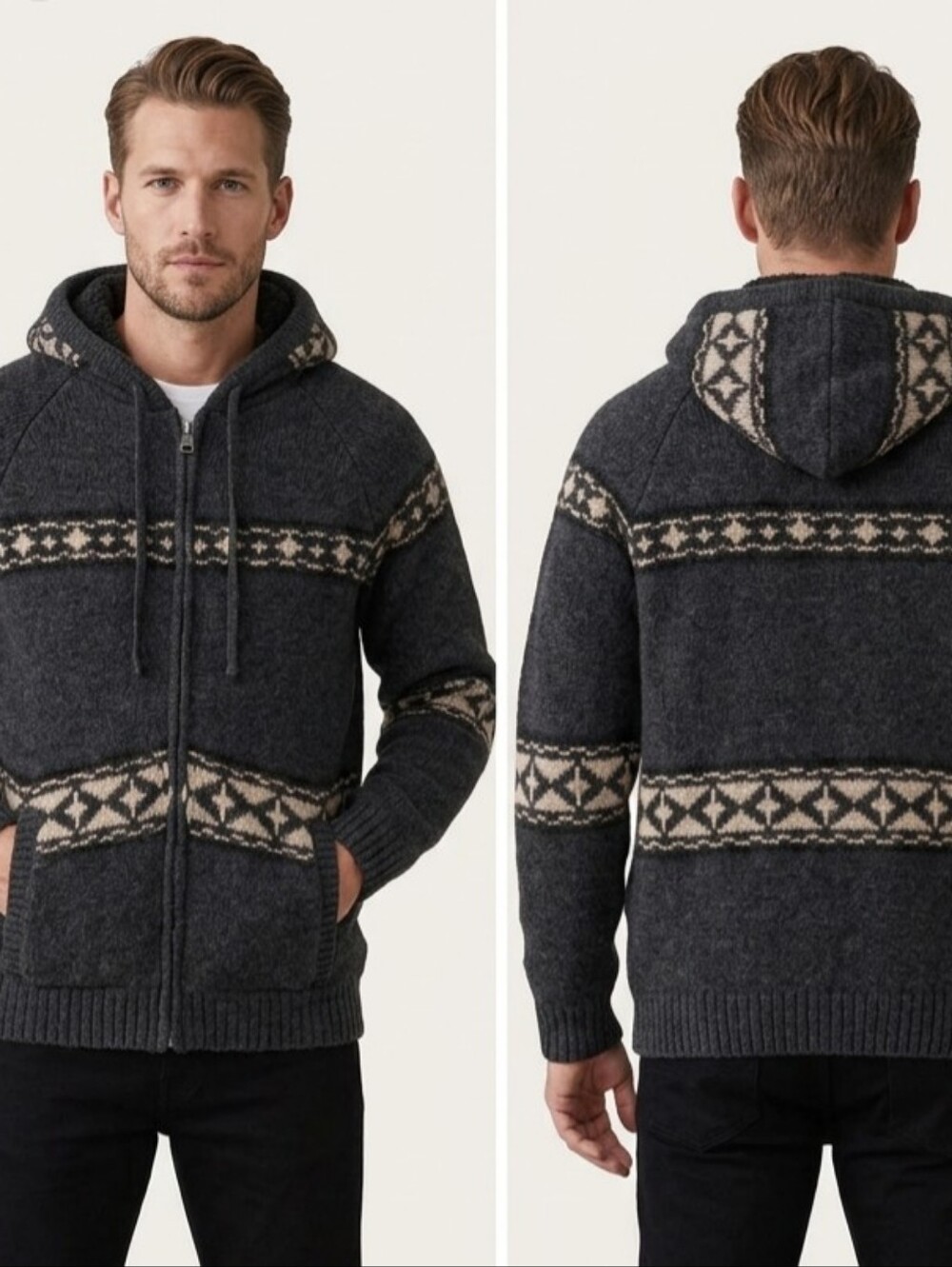 Schott NYC Dark Grey and Cream Patterned Zip-Up Sweater